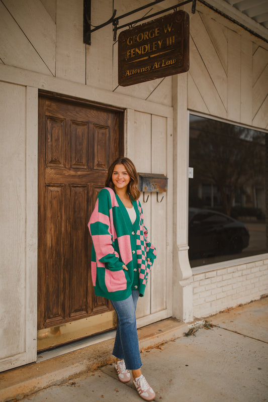 Ashley Checkered Cardigan in Green and Pink