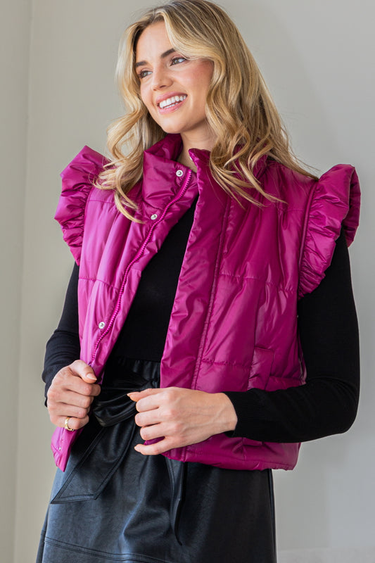 Ruffle Puffer Vest in Magenta