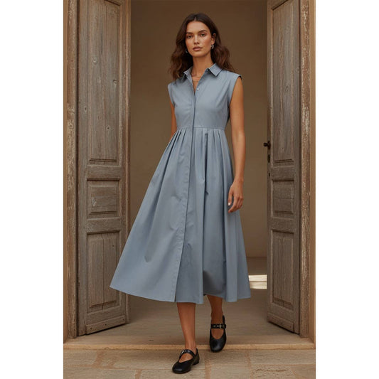 Maxi Taffeta Pleated Shirtdress Dusty Blue
