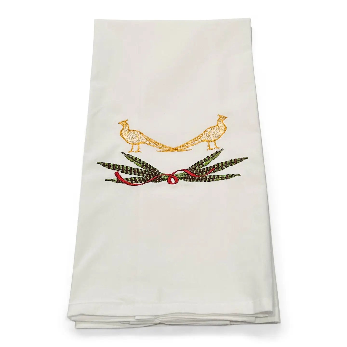 Tea Towel - Pair of Pheasants with Ribbon On White
