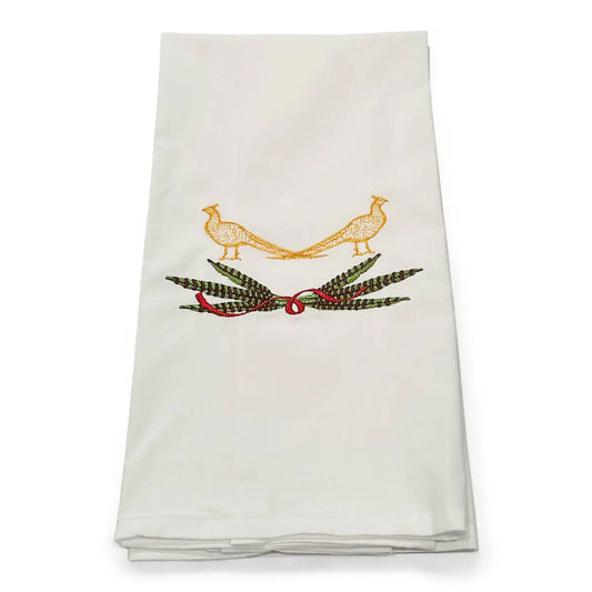 Tea Towel - Pair of Pheasants with Ribbon On White