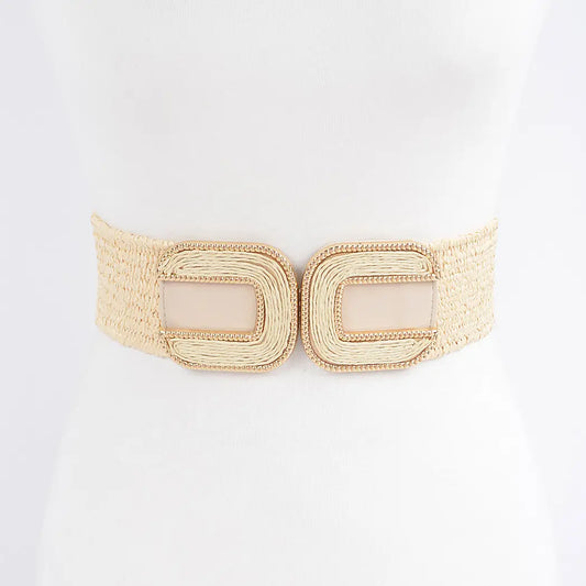 Faux Straw Two Buckles Elastic Belt