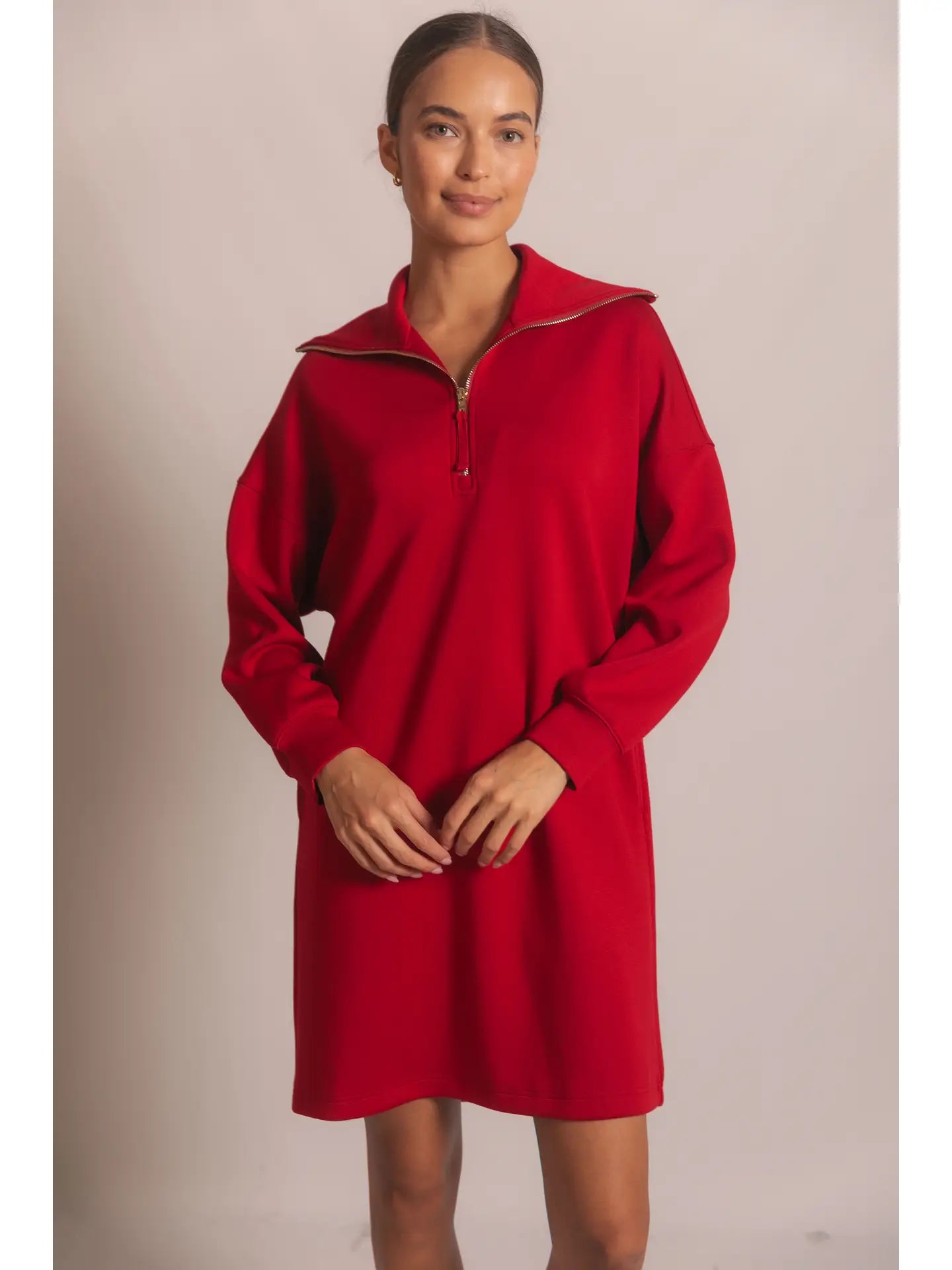 P. CILL Butter Modal Quarter Zip Up Long Sleeve Dress in Cherry Red