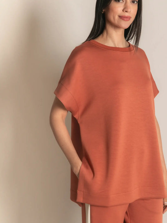 P. CILL Butter Modal Contrast Rib Short Sleeve Tunic Top in Dusty Rose