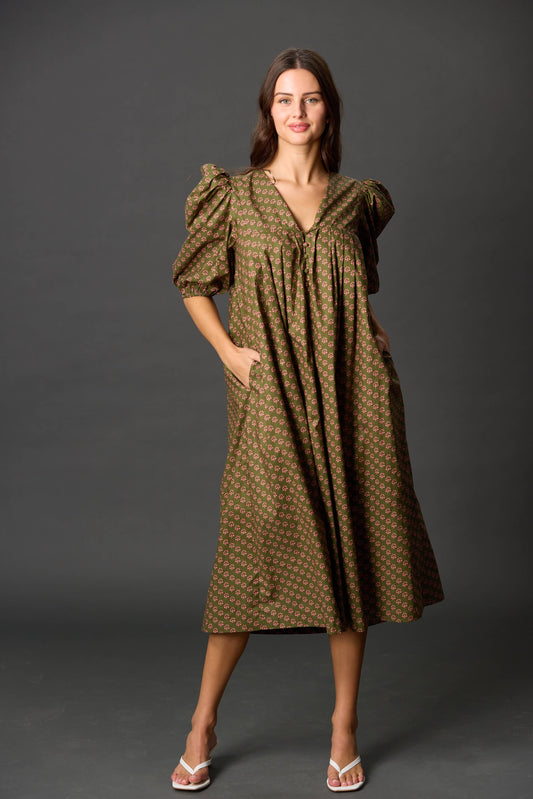 Poplin Puff Sleeve Midi Dress: Olive