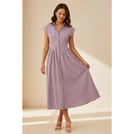 Maxi Taffeta Pleated Shirtdress Lavender