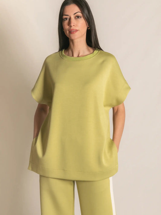 P. CILL Butter Modal Contrast Rib Short Sleeve Tunic Top in Lemon Grass