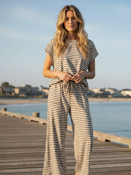 Nora Striped Top and Pants Set taupe/cream